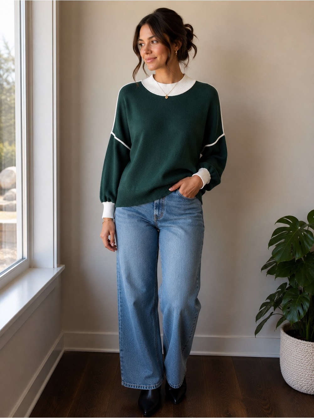 Zesica Forest Green White Contrast Trim Mock Neck Knit Sweater Size L